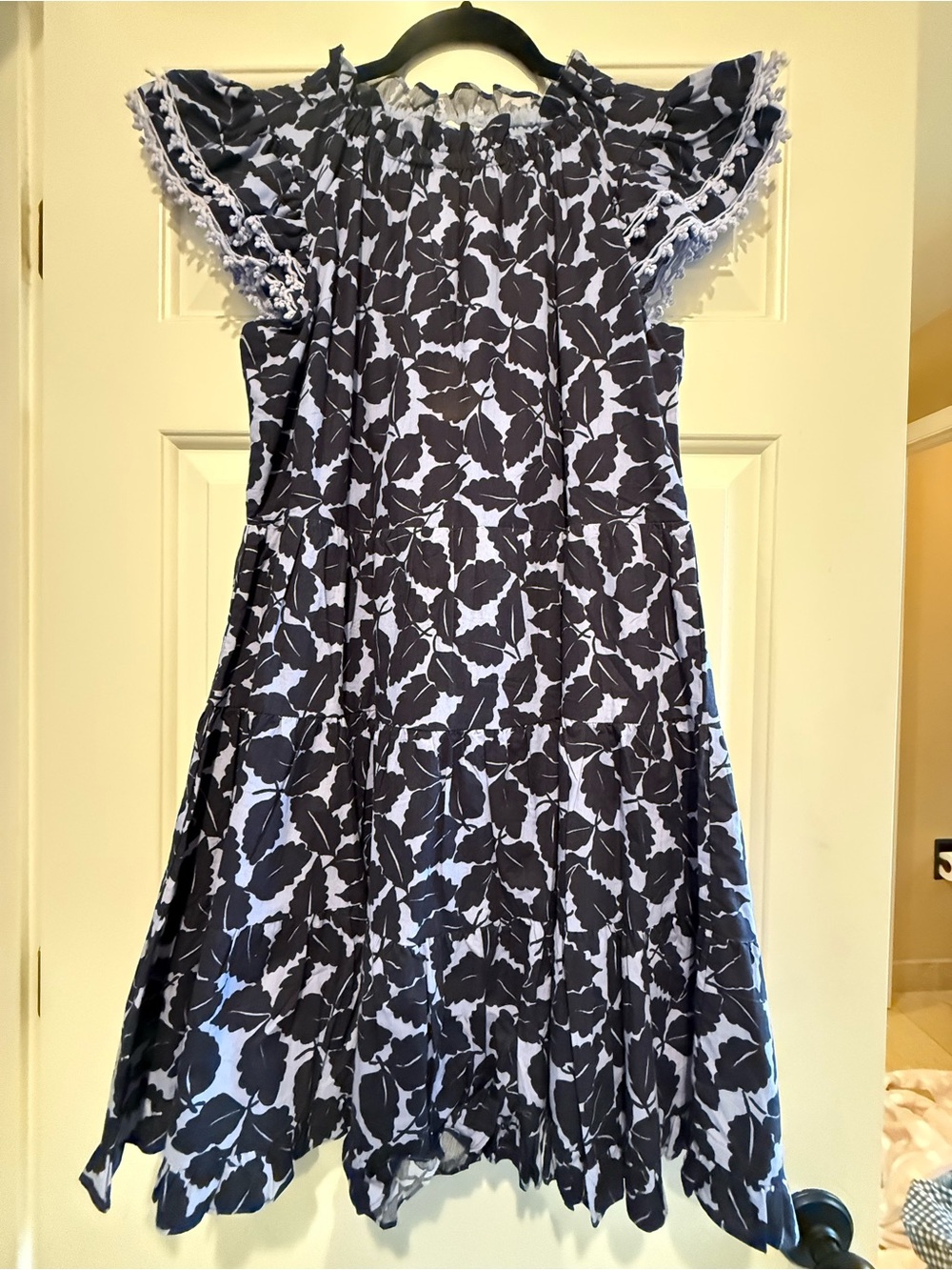 Sail to Sable Flutter Sleeve Tassel Print Navy and Hydrangea Ruffle Dress